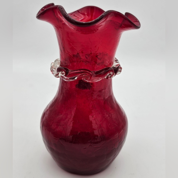 Kanawha Ruby Red Crackle Blown Glass Applied Clear Ribbon Vase 7.5" Tall - Picture 2 of 5